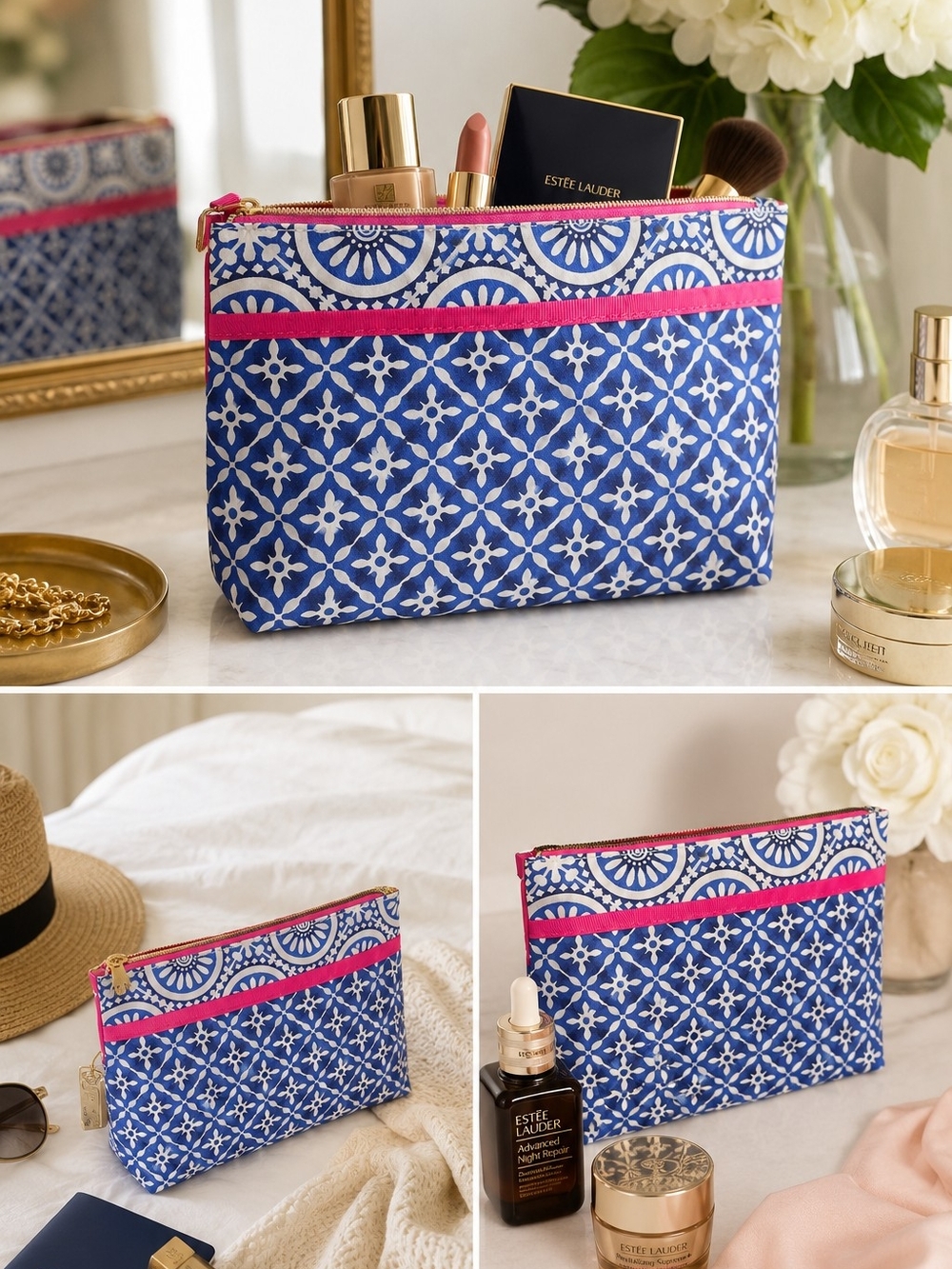 Estee Lauder Blue Patterned Cosmetic Pouch with Pink Trim